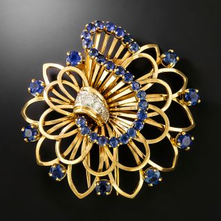 French Mid-Century Sapphire and Diamond 18K Brooch - 2