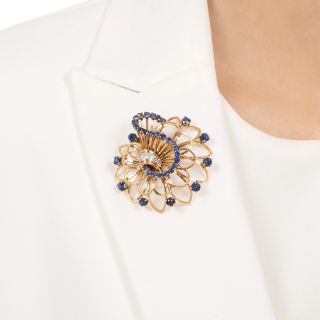 French Mid-Century Sapphire and Diamond 18K Brooch