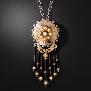 French Victorian Two Tone Pearl Tassel Pendant/Brooch - 2