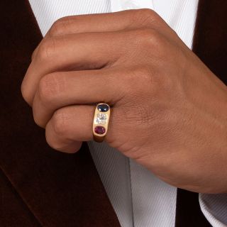 Gemmy No-Heat Ruby, Diamond and Sapphire Three-Stone Ring