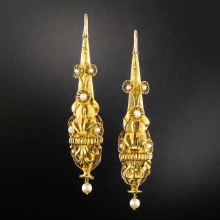 Georgian Long 18K Earrings with Pearl Accents - 2