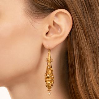 Georgian Long 18K Earrings with Pearl Accents
