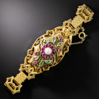 Georgian Natural Pearl, Green Beryl and Ruby Floral Bracelet - 2