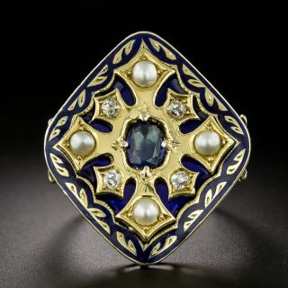 Georgian Sapphire, Diamond, Pearl and Blue Enamel Ring, Size 8 - 3