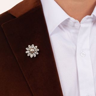 Important Natural Pearl and Marquise Diamond Flower Pendant/Brooch - GIA