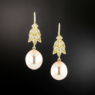 Lang Collection Laurel Leaf Diamond and Pink Pearl Dangle Earrings - 2