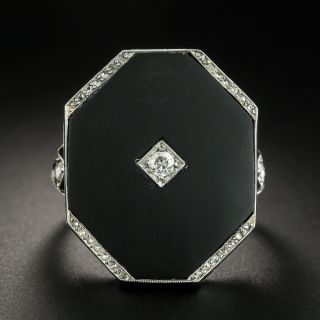 Large Art Deco Octagonal Onyx and Diamond Ring - 2
