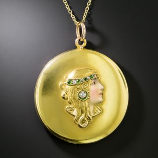 Large Art Nouveau Enamel Femme Locket - 2