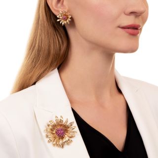 Large Retro Ruby Flower Brooch and Earring Suite