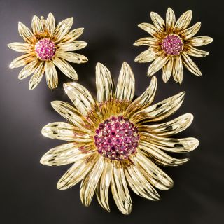 Large Retro Ruby Flower Brooch and Earring Suite - 1