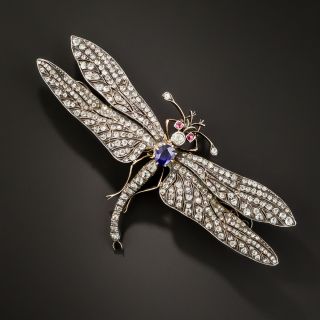 Large Victorian Diamond and Sapphire Dragonfly Brooch - 1