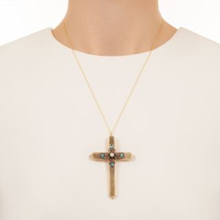 Large Victorian Turquoise and Pearl Cross Pendant/Brooch