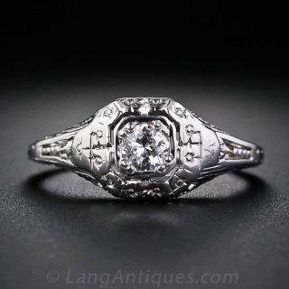 Late Art Deco .15 Carat Filigree Diamond Engagement Ring - 1