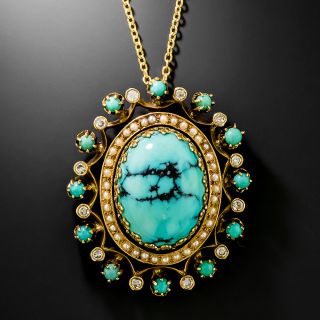 Late-Victorian Turquoise, Diamond and Natural Pearl Pendant - 2