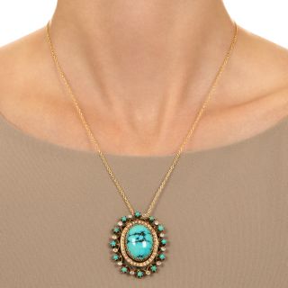 Late-Victorian Turquoise, Diamond and Natural Pearl Pendant