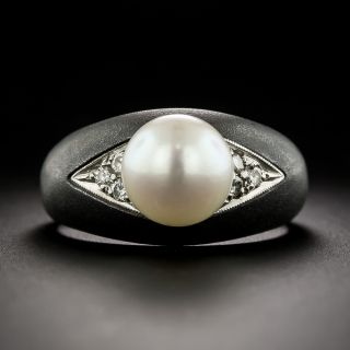 Marsh & Co. Cultured Pearl, Diamond and Blackened Steel Ring, Size 7 - 2