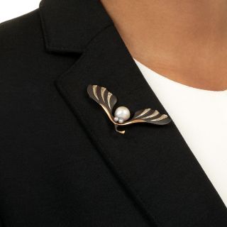 Marsh & Co. Ginkgo Leaf Pearl, Blackened Steel and 18K Brooch