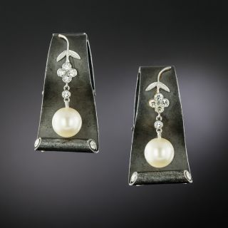 Marsh & Co. Pearl and Diamond Scroll Earrings  - 2