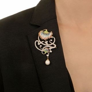 Art Nouveau-Style Plique-à-Jour Enamel Lily Brooch