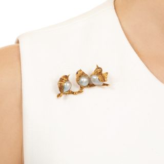 Mid-Century 18K Birds on a Branch Pearl Brooch, Italy
