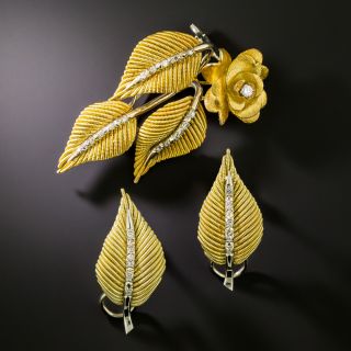 Mid-Century 18K Diamond Leaf and Rose Brooch and Earrings - 3