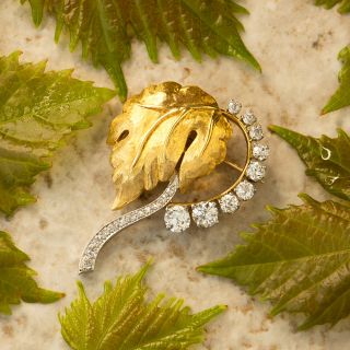 Mid-Century 18K Diamond Leaf Brooch