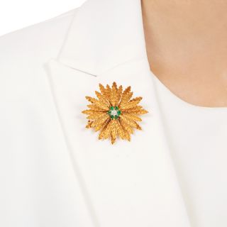 Mid-Century 18K Emerald and Diamond Flower Brooch/Pendant