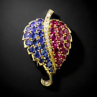 Mid-Century 18K Ruby, Sapphire And Diamond Leaf Brooch - 2