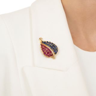 Mid-Century 18K Ruby, Sapphire And Diamond Leaf Brooch