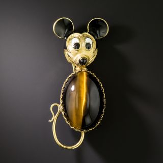 Mid-Century 18K Tiger's Eye and Enamel Mouse Brooch - 3