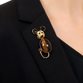 Mid-Century 18K Tiger's Eye and Enamel Mouse Brooch