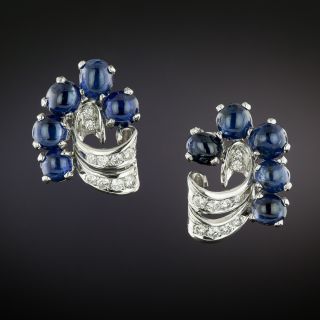 Mid-Century Cabochon Sapphire and Diamond Earrings - 1