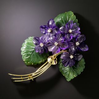 Mid-Century Carved Amethyst and Nephrite Floral Brooch - 2
