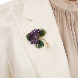 Mid-Century Carved Amethyst and Nephrite Floral Brooch