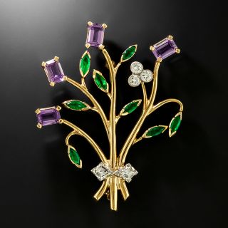 Mid-Century Diamond, Amethyst and Emerald Flower Brooch - 2