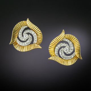 Mid-Century Diamond and Gold Swirl Earrings - 2