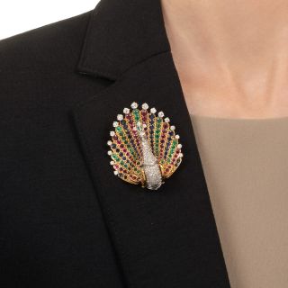 Mid-Century Diamond and Multi-Gem Peacock Brooch
