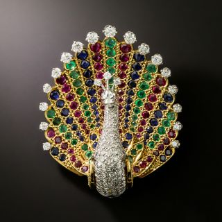 Mid-Century Diamond and Multi-Gem Peacock Brooch - 2