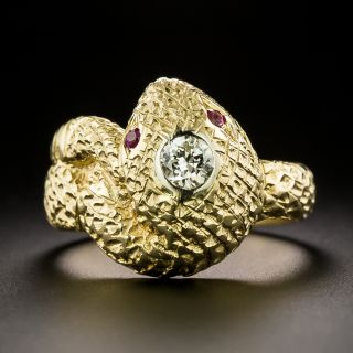 Mid-Century Diamond and Ruby-Eyed 18K Snake Ring - 3