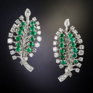 Mid-Century Emerald and Diamond Leaf Clip Earrings - 3