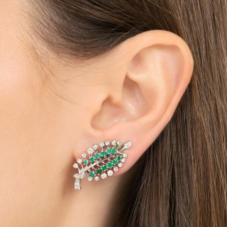Mid-Century Emerald and Diamond Leaf Clip Earrings