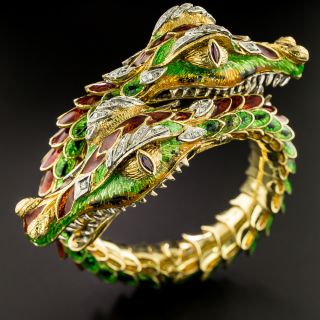 Mid-Century Enamel And Diamond Double Dragon Bracelet - 2