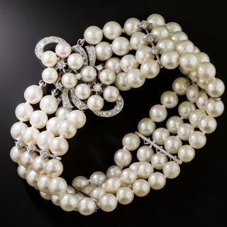 Mid-Century Four-Strand Cultured Pearl and Diamond Bracelet - 3