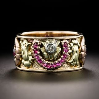 Mid-Century Horseshoe and Acorn Ruby and Diamond Ring, Size 6 - 2