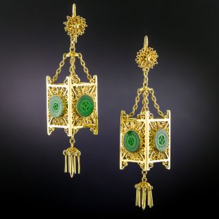 Mid-Century Jade Lantern Dangle Earrings - 2