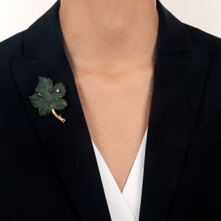 Mid-Century Nephrite Jade Leaf Earring and Brooch Set