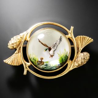 Mid-Century Reverse Crystal Intaglio Mallards Brooch  - 2
