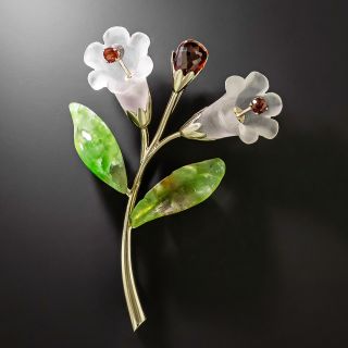 Mid-Century Rock Crystal, Garnet, and Jade Flower Brooch, Austria - 2