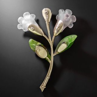 Mid-Century Rock Crystal, Garnet, and Jade Flower Brooch, Austria