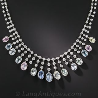 Multi-Color No-Heat Sapphire and Diamond Fringe Necklace - 1